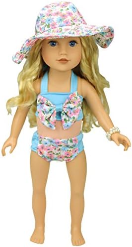 Kusutad Summer Doll Blue Flower Bikini Sets With Hat For 18 inch American Girl,Our Generation, Journey Girls