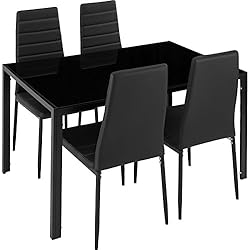 TecTake Table de Salle à Manger avec 4 chaises | Confort d’Assise très élevé | Plaque de Table Robuste en Verre trempé - diverses Couleurs (Noir | No. 402837)