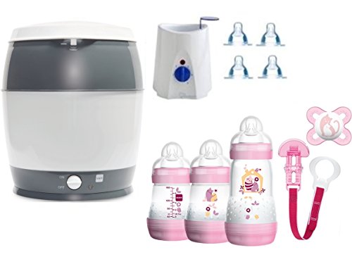 MAM Set 3 - Startset - Flaschen Sauger Sterilisator Flaschen- & Babykoster 22 tlg. - Rosa + gratis Schmusetuch Löwe Leo