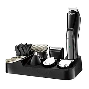 VGR Hair Clipper for Men, 6 in 1 Rechargeable Cordless Razor Beard Trimmer Kit Precision Noise Reduction Trimmer Waterproof Nose Hair Trimmer Electric Razor Knife,Black