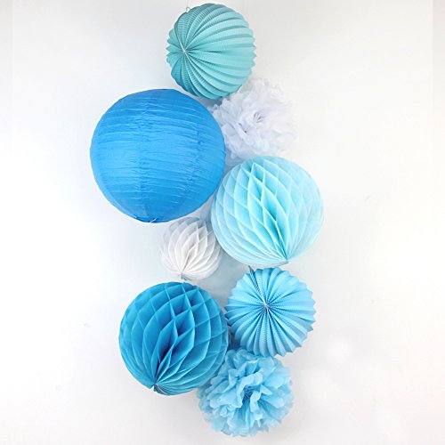 SUNBEAUTY 8er Set Tissue Papier Blume Pompom & Honeycomb Wabenball & Lampion Rosa Blau Serie Mixed Hochzeit Geburtstag Babyparty Dekoration (Blau)