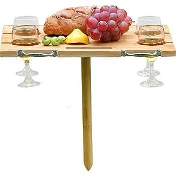 INNO STAGE Portable and Foldable Wine and Snack Table for Picnic Outdoor on The Beach Park or Indoor Bed for 4 glasses