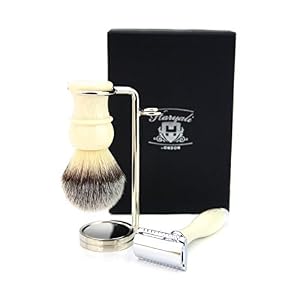 3 Piece Shaving Set DE Safety Razor,Syntactic Hair Brush in Ivory Colour & Stand - Image 3
