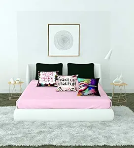 Filymore Exclusive Polycotton Solid Bedsheet with 2 Pillow Covers and 3 Digital Cushions Covers (Pink, Double) - Set of 6 Pieces