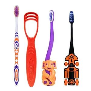 MAXI Oral Care Family Pack of 4-1 Zoom Car Junior Toothbrush & 1 Bingo Junior Toothbrush & (2 Adults) Style Toothbrush & Tongue Cleaner-Oral Hygiene Kit