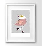Kinderposter ungerahmt, kleiner Vogel mit Schlittschuhen, Tierposter