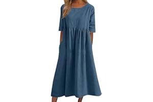 CENUHE 2023 Donne Cotone Lino Abito Manica Corta Crewneck Tasca Abito, Donna Estate Abito