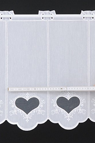 Scheibengardine bestickt mit Herz 45 cm hoch | Breite der Gardine durch gekaufte Menge in 15,5 cm Schritten wählbar | Farbe: weiß - 3