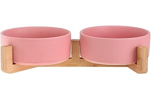HCHLQLZ Rose Pet Gamelles pour Chien et Chat Gamelles Chien Chat Céramique Support Bambou -Va au Lave-Vaisselle et Facile à Nettoyer (2 Bol)