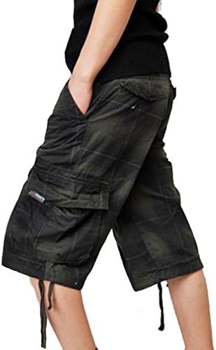 Men's Fashin Plaid Cotton Causal Straight Short Knee Length Trousers DK07 Army Green 34