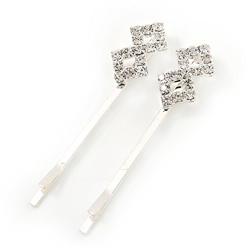 2 Bridal/ Prom Diamante Fancy Hair Grips/ Slides In Rhodium Plating - 55mm Across