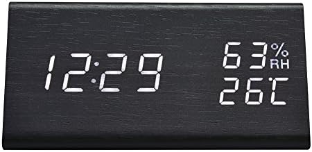 Triangle Mini Desk LED Wooden Alarm Clock for Home and Office,Digital Clock With 3 Levels Adjustable Brightness 3 Groups of Alarm Time,Displays Time Date Temperature and Humidity