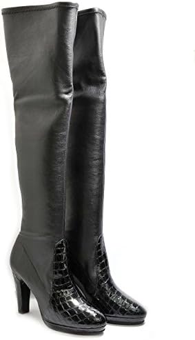 Eye Women's Thigh High Stretch Over Knee Boots With High Heel (43 EU, Black/Black Patent Croc)