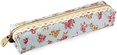 Genonaute Students Creative Flower Print Lace Canvas Pencil Bag(Light Blue)
