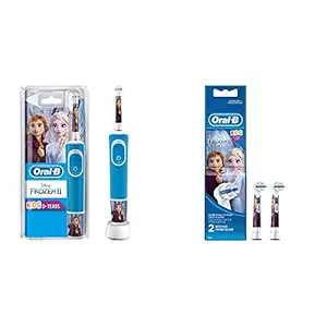 Oral B Kids Electric Rechargeable Toothbrush Featuring Frozen Characters & Oral-B Kids Electric Rechargeable Toothbrush Heads Replacement Refills Featuring Disney Frozen Characters (Pack of 2)