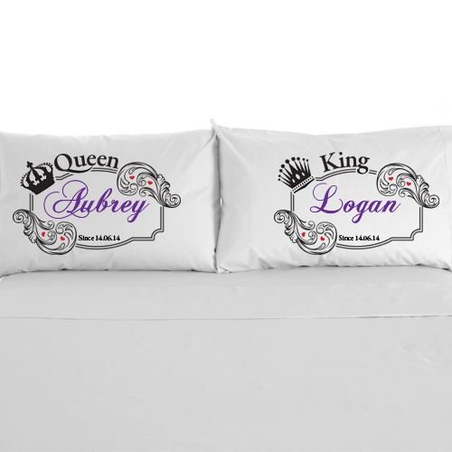 King & Queen Crown Design cotton Pillow case Pair, 2nd Anniversary Cotton Gift.