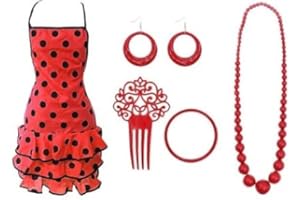 JORXG Delantal Sevillana Flamenca Lunares con Accesorio Peineta Collar Pulsera Pendientes para Feria, Delantal Cocina para Mujer, Rojo Lunar Negro, Rojo Lunar Blanco, Negro Lunar Rojo, Fucsia Lunar Negro