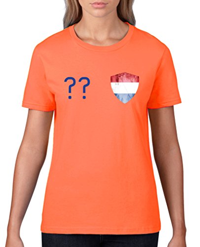 Comedy Shirts – Niederlande Trikot – Wappen: Klein – Wunsch – Damen T-Shirt – Orange / Royalblau Gr. L