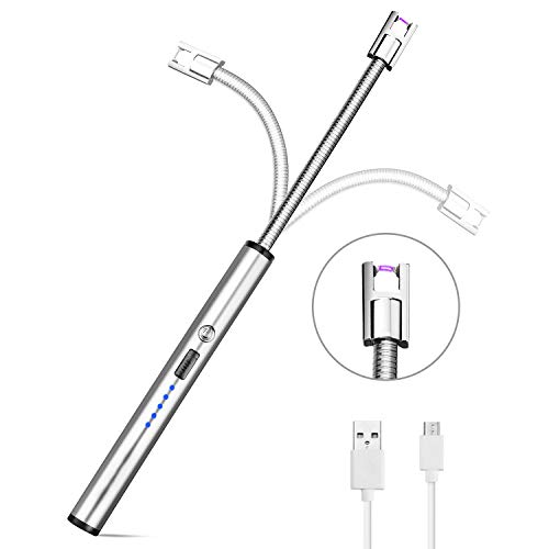 AUERVO Electric Arc Lighter Candle Lighter USB Rechargeable Multi Purpose Longer Flexible Neck Lighter Flameless Windproof for Kitchen Grilling BBQ Camping Stove (Silver)