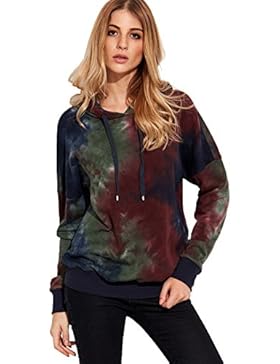 ROMWE Damen Tie Dye Kapuze Pullover Tunnelzug Baumwolle Hoodie