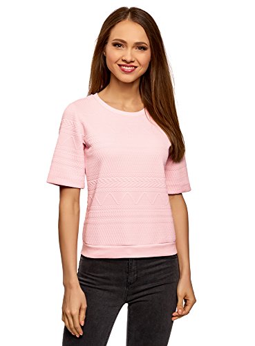 oodji Collection Mujer Suéter de Tejido Texturizado con Manga Corta, Rosa, ES 38 / S
