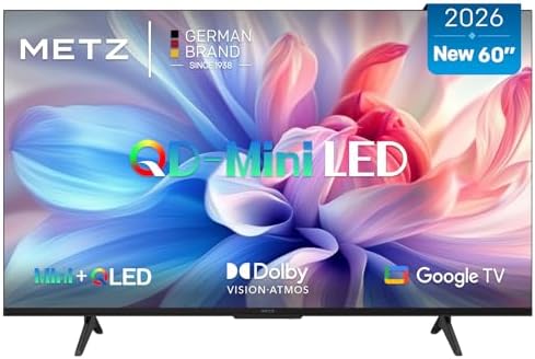 Metz 60 Pollici QD-MiniLED Smart TV con Google TV Full Array Local Dimming QLED Dolby Atmos Dolby Vision MEMC HDR 10+ UHD DVB-T/T2/C/S/S2 HEVC Main10 CI+ (MNH7000Z, 2026 Nuovo Modello)