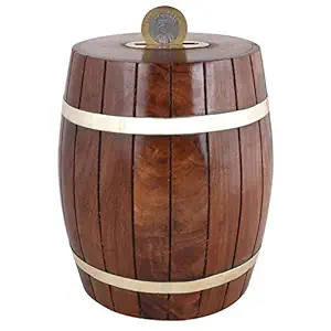 MWC NAG Handmade Wooden & Brass Barrel Money Box Coin Saving Box Piggy Bank for Kids Boys Girls Adults (6x6x7) INCHES.