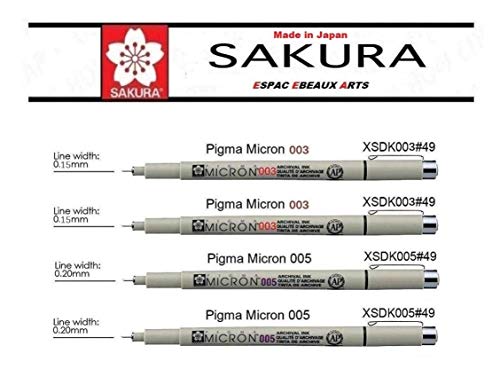 Sakura PIGMA MICRON 003,003,005,005 Sacchetto di 4 pennarelli neri