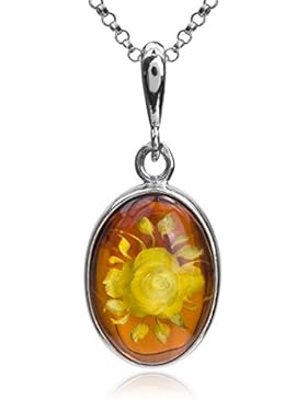 Bernstein Sterling Silber Cameo Blume Oval Anhänger Kette 46 cm