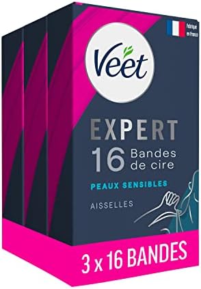Veet Expert - 48 strisce di cera fredda per ascelle, pelli sensibili, finitura perfetta, depilazione a lunga durata, confezione da 3 x 16 strisce