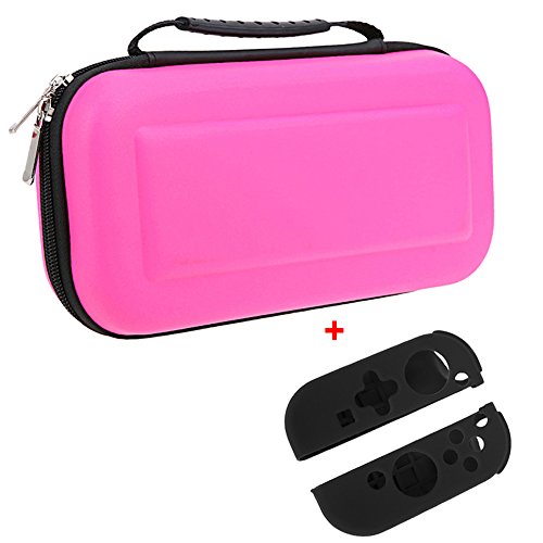 Preisvergleich Produktbild Tasche für Nintendo Switch, Aohro Hülle Schutzhülle Schaltergehäuse Travel Case für Nintendo Schalter Gamepad & Zubehör und Reißverschluss Mit 8 Spiel Slots Aufbewahrungsbeutel Tragetasche und 1 Paar Silikonhüllen (Hot Pink)
