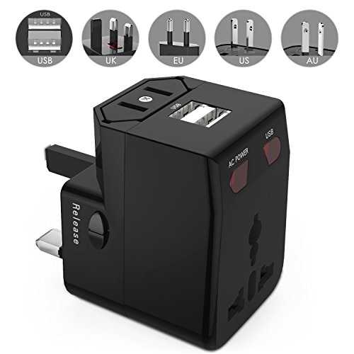 MoKo Universal Reiseadapter – All-in-One US / EU / UK / AU Reisestecker AC Power Wall Charger Konverter Stecker Adapter mit 2 USB Ports 2.1A für Smartphone, iPhone, iPad, MP3 Player, Tablet, Schwarz - 2
