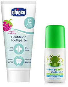 Chicco Toothpaste, Strawberry Flavour For 12M+ Baby, Fluoride Free, Preservative Free (50 Ml)&Mamaearth After Bite Roll On For Rashes & Mosquito Bites With Lavander & Witchhazel 40 Ml