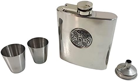 CELTIC KNOT STAINLESS STEEL HIP FLASK 6OZ FUNNEL AND SHOT GLASSES MADE IN UK