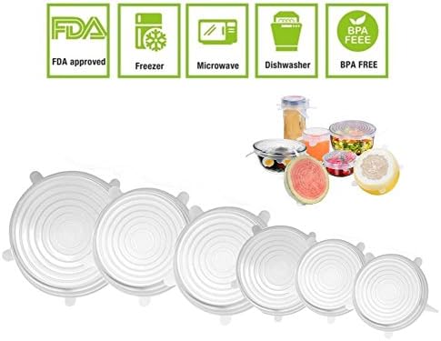 JJLng Stretch Lid Food Cover, FDA Silicone Cover Keeping Food Fresh Fit Various Sizes and Shapes of Silicone Stretch Lids 6-Pack(Transparent)