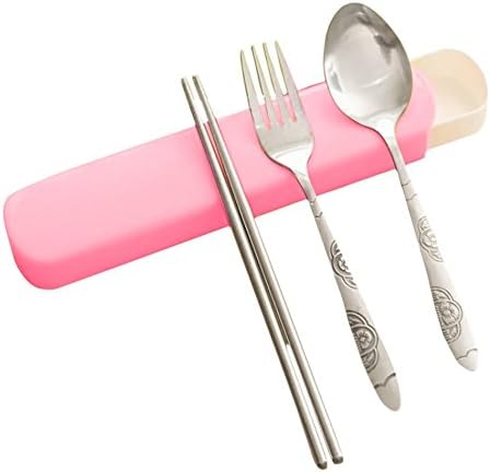 AGEG Portable Stainless Steel Tableware Spoon Fork Chopsticks for Travel and Outdoor (Pink)