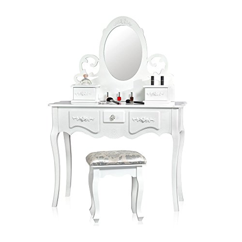Melko® Schminktisch mit Spiegel + Hocker, shabby barock, weiß, Frisiertisch Kosmetiktisch