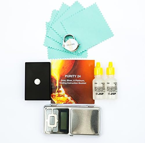 2 Bottles of 10 carat Gold testing acid, 500g 0.1g digital scales, 30x18mm eye loup, magnets, cloths