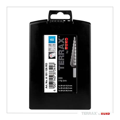 TERRAX by RUKO 3-teiliger Stufenbohrer-Satz HSS gerade genutet, in den Größen 0/9, 1, 2 in stabiler, praktischer Kunststoffkassette, 1 Stück, A101126RO - 2