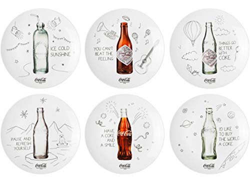 Coca-Cola Coke 38-2C-009 Assiettes Plates Rondes Bouteilles Coca-Cola Coffret de 6 Assorties Porcelaine Blanc Gris et Marron D21cm