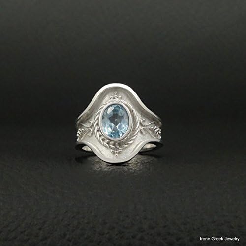 Aquamarine Cz Ring Byzantine Style 925 Sterling Silver Platinium Plated Greek Handmade Art Unique
