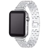 Tiners Kompatibel Apple Watch Band Metall Fünf Perlen Stahl Diamant Sport Strap Serie 3/2/1 Generation Männlich Oder Weiblich Edelstahl-Metallband,Silver,42Mm