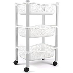 Panier chariot de stockage cuisine avec paniers de stockage et roues fruits et legumes - plastique résistant - Blanc