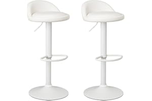 LOLAhome Set de 2 Taburetes de Cocina Giratorios en 360°, Juego de Sillas de Bar Regulables en Altura de 72 a 92 cm, con Respaldo de Polipiel, Estructura Metal Blanca y Reposapiés, Blancos