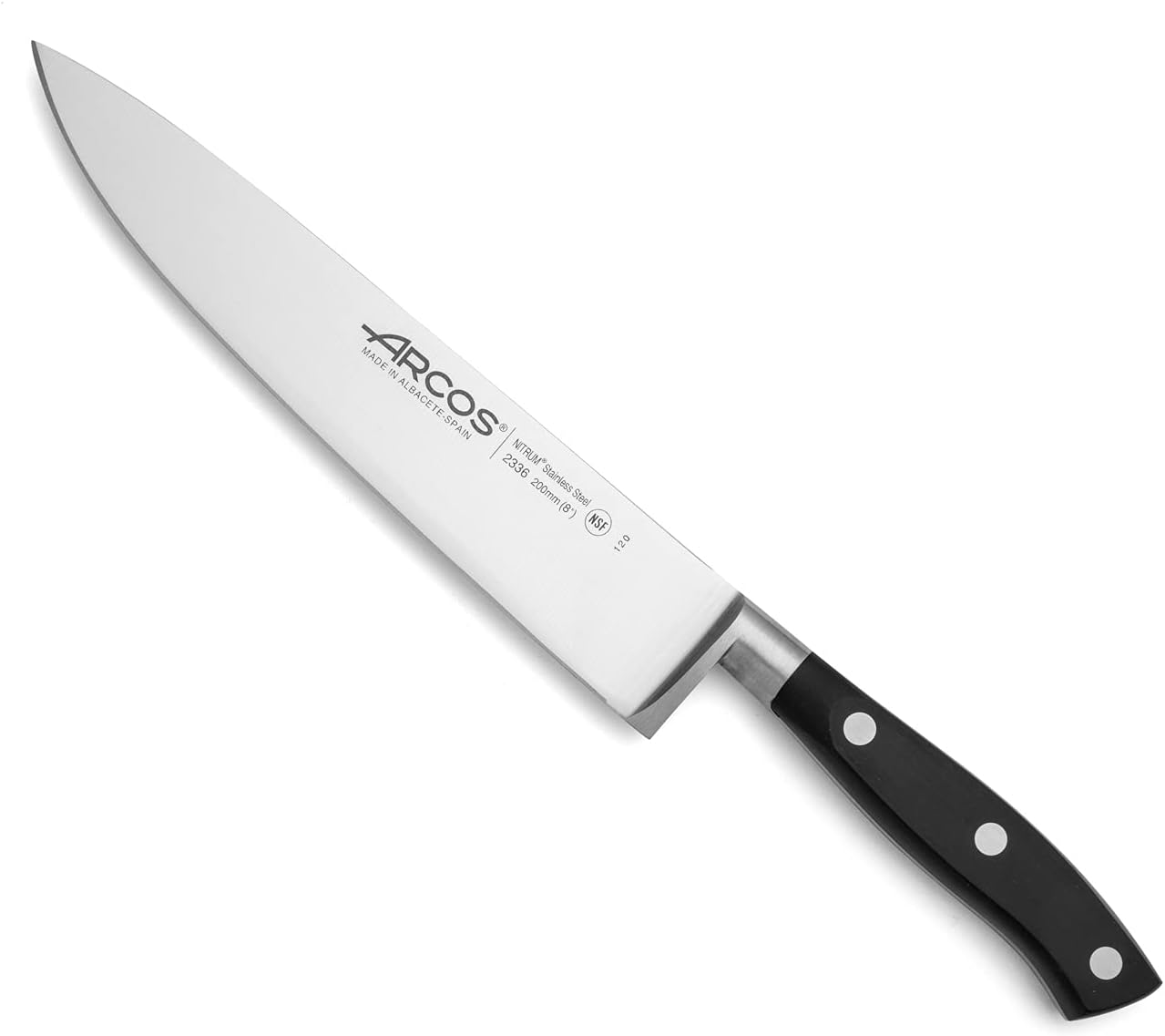Arcos Cuchillo Cocina Forjado en Acero Inoxidable y Hoja de 200mm. Cuchillo Chef Profesional para Cortar Pescado, Carne y Cebolla. Mango Ergonómico Polioximetileno. Serie Riviera. Color Negro.