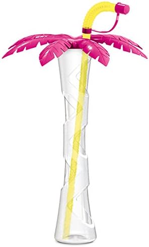 PALM TREE CUPS Fancy Slush Summer Party Goblets Sorbet Granity Smoothie 400ml 14oz (Pink with yellow straw, 1 box - 54 cups)