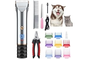 BarberBoss Pet Grooming Kit - Cortapelos silencioso para perros con 2 velocidades, cuchillas de cerámica, carga USB, pantalla LED y 8 peines, QR-9081