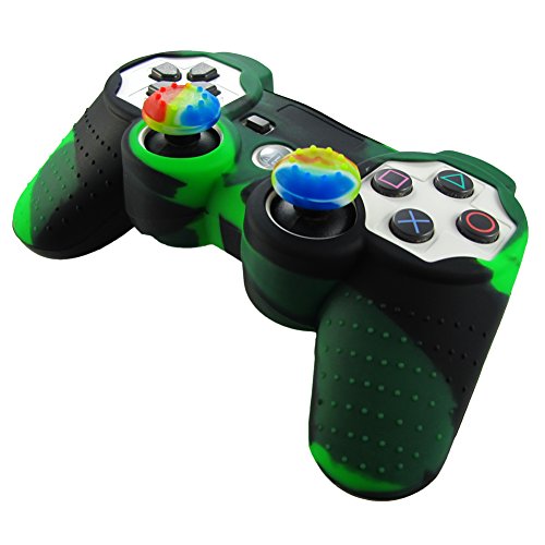 Preisvergleich Produktbild Pandaren Silikonhülle Skin Haut für PS3 Controller (dunkelgrün + schwarz) + Daumengriff thumbstick Kappe x 2