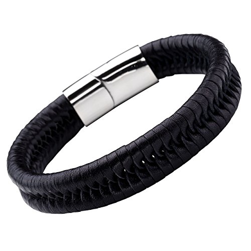 PiercingJ - Bijoux Bracelet Leather Cuir Veritable Tresse Croise avec Fermoir Acier Inoxydable Lien Poignet Ma