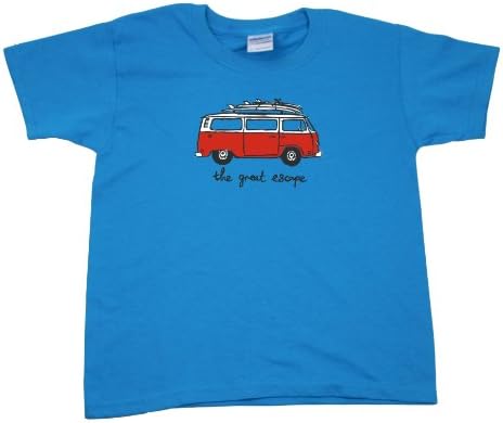Children's VW Camper Van T-Shirt: Blue T-Shirt, Red Van, Age 5-6